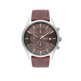 Relógio Orient Masculino MBSCC053 com mostrador marrom e cronógrafo, caixa em aço inox e pulseira de couro marrom, vista frontal.