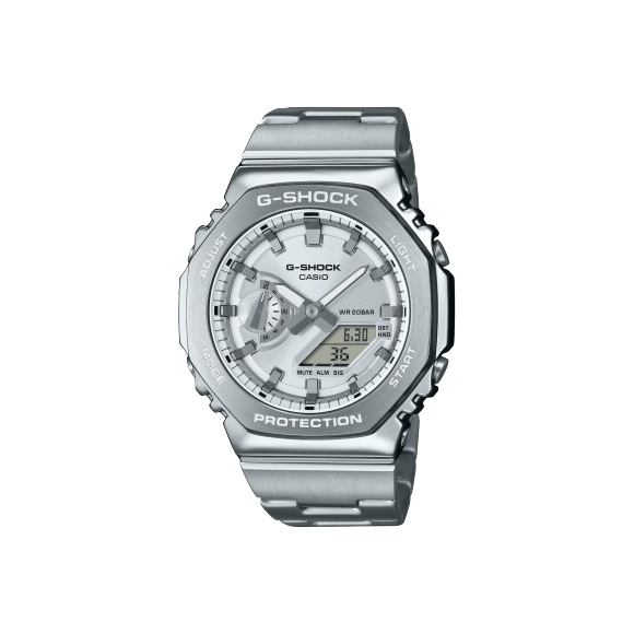 Relógio Casio G-Shock GM-2110D-7A caixa e pulseira em aço prateado, octogonal, mostrador prata analógico-digital