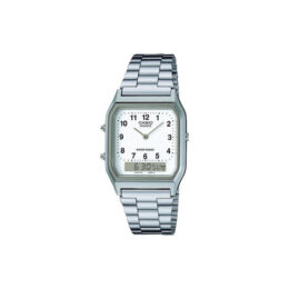 Relógio Casio Vintage AQ-230A-7B caixa e pulseira em aço prateado mostrador analógico-digital