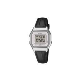 Relógio Casio Vintage LA680WEL-1 caixa prateada pulseira de couro preto visor digital quadrado