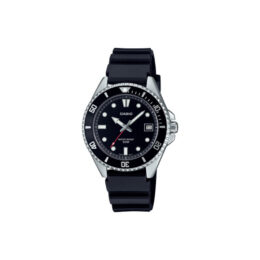 Relógio Casio MDV-10-1A1 caixa em aço pulseira de resina preta mostrador preto sunray aro giratório