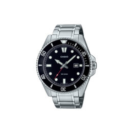 Relógio Casio Duro MDV-107D-1A1 caixa e pulseira em aço mostrador preto aro giratório
