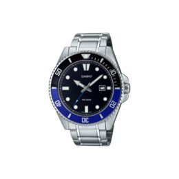 Relógio Casio Duro MDV-107D-1A2 caixa e pulseira em aço mostrador preto aro giratório azul e preto