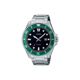 Relógio Casio Duro MDV-107D-3A caixa e pulseira em aço prateado mostrador verde aro giratório