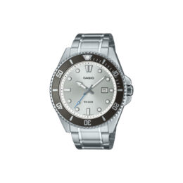 Relógio Casio Duro MDV-107D-7A caixa e pulseira em aço prateado mostrador branco aro giratório