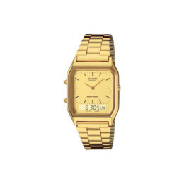 Relógio Casio Vintage AQ-230GA-9D caixa e pulseira em aço dourado mostrador analógico-digital