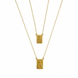 Escapulário de ouro amarelo 18K com corrente Cartier e medalhas duplas do Sagrado Coração de Jesus e Nossa Senhora do Carmo