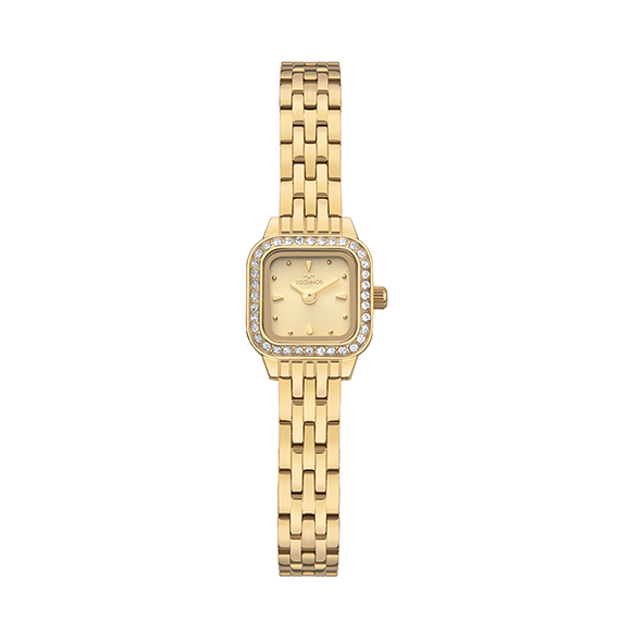 Relógio Technos Mini Petit 1042AB/1X feminino dourado, caixa pequena quadrada, mostrador dourado