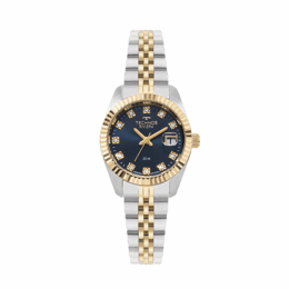 Relógio Technos Riviera 2015CEM/1A feminino bicolor prata e dourado, mostrador azul com pedras