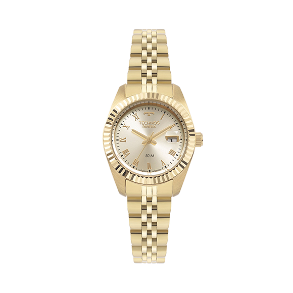 Foto do Relógio Technos Riviera 2015CEO/1X dourado original feminino com mostrador dourado numeração romana bezel corrugado pulseira aço inoxidável 5 links.