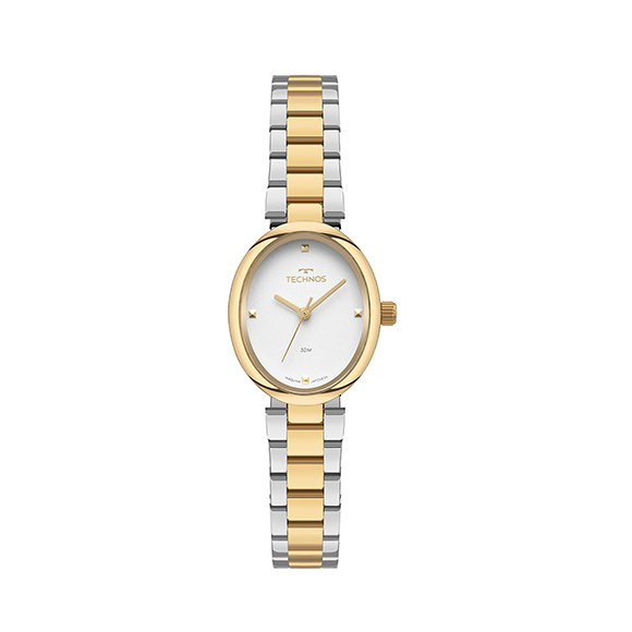 Relógio Technos Mini 2035NEE/1K feminino bicolor prata e dourado, caixa oval, mostrador champanhe