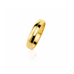 Par de alianças de ouro amarelo de 4 mm, feminina cravejada com brilhantes e masculina lisa com friso