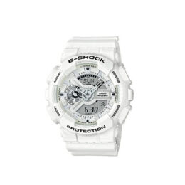 Relógio Casio G-Shock GA-110MW-7ADR em resina branca com mostrador analógico-digital e ponteiros em formato de engrenagem