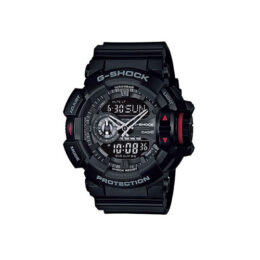 Relógio Casio G-Shock GA-400-1B em resina preta com detalhes vermelhos e coroa giratória grande