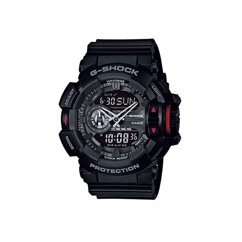 Relógio Casio G-Shock GA-400-1B em resina preta com detalhes vermelhos e coroa giratória grande