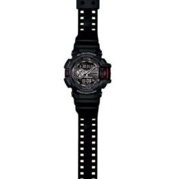 Relógio Casio G-Shock GA-400-1B em resina preta com detalhes vermelhos e coroa giratória grande