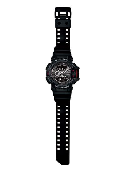 Relógio Casio G-Shock GA-400-1B em resina preta com detalhes vermelhos e coroa giratória grande