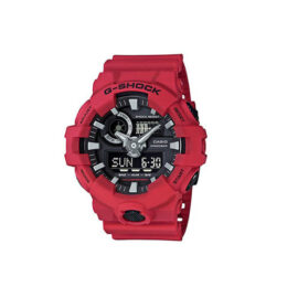 Foto do relógio Casio G-Shock GA-700-4A vermelho original com caixa grande em resina, mostrador 3D analógico-digital e botão frontal para uso masculino esportivo.
