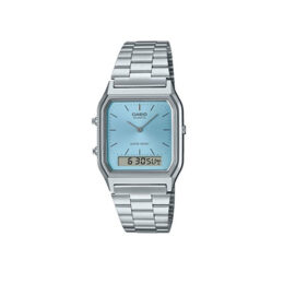 Relógio Casio Vintage AQ-230A-2A1MQYDF prateado com mostrador azul-gelo analógico-digital e pulseira de aço inoxidável