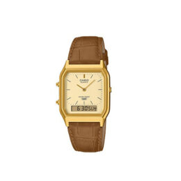 Relógio Casio Vintage AQ-230EGL-9A prateado com mostrador preto analógico-digital e pulseira de couro marron