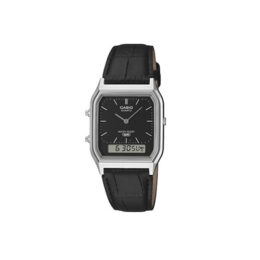 Relógio Casio Vintage AQ-230EL-1A prateado com mostrador preto analógico-digital e pulseira de couro preto