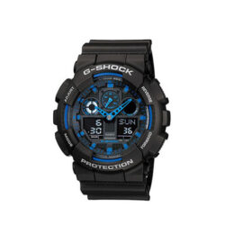 Relógio Casio G-Shock GA-100-1A2 em resina preta com mostrador analógico-digital e ponteiros azuis vazados