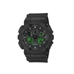 Relógio Casio G-Shock GA-100BEG-1A em resina preta com displays digitais em verde elétrico