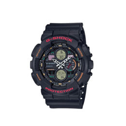 Relógio Casio G-Shock GA-140-1A4 em resina preta com detalhes vermelho-alaranjados e mostrador analógico-digital